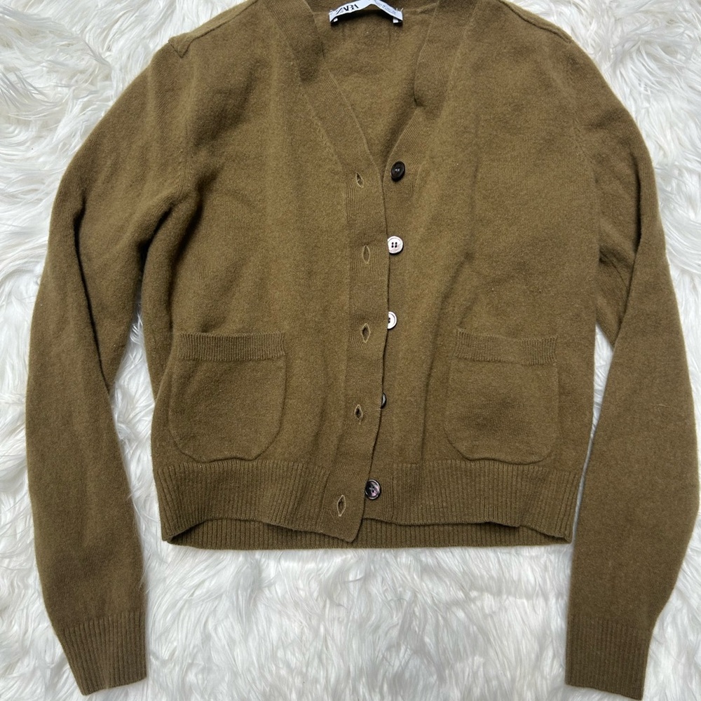 Zara Olive Green Women's Wool Cardigan Sweater